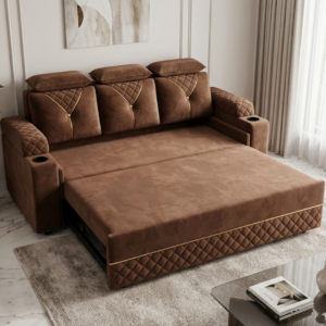 A stylish brown velvet Sofa Cum Bed with gold accents, diamond-patterned armrests, and built-in cup holders