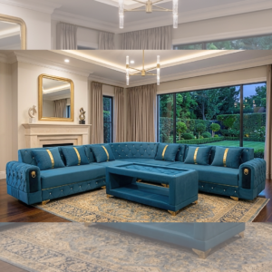 Modern deep blue luxury velvet tufted L-shaped sectional sofa with gold accents in a bright living room