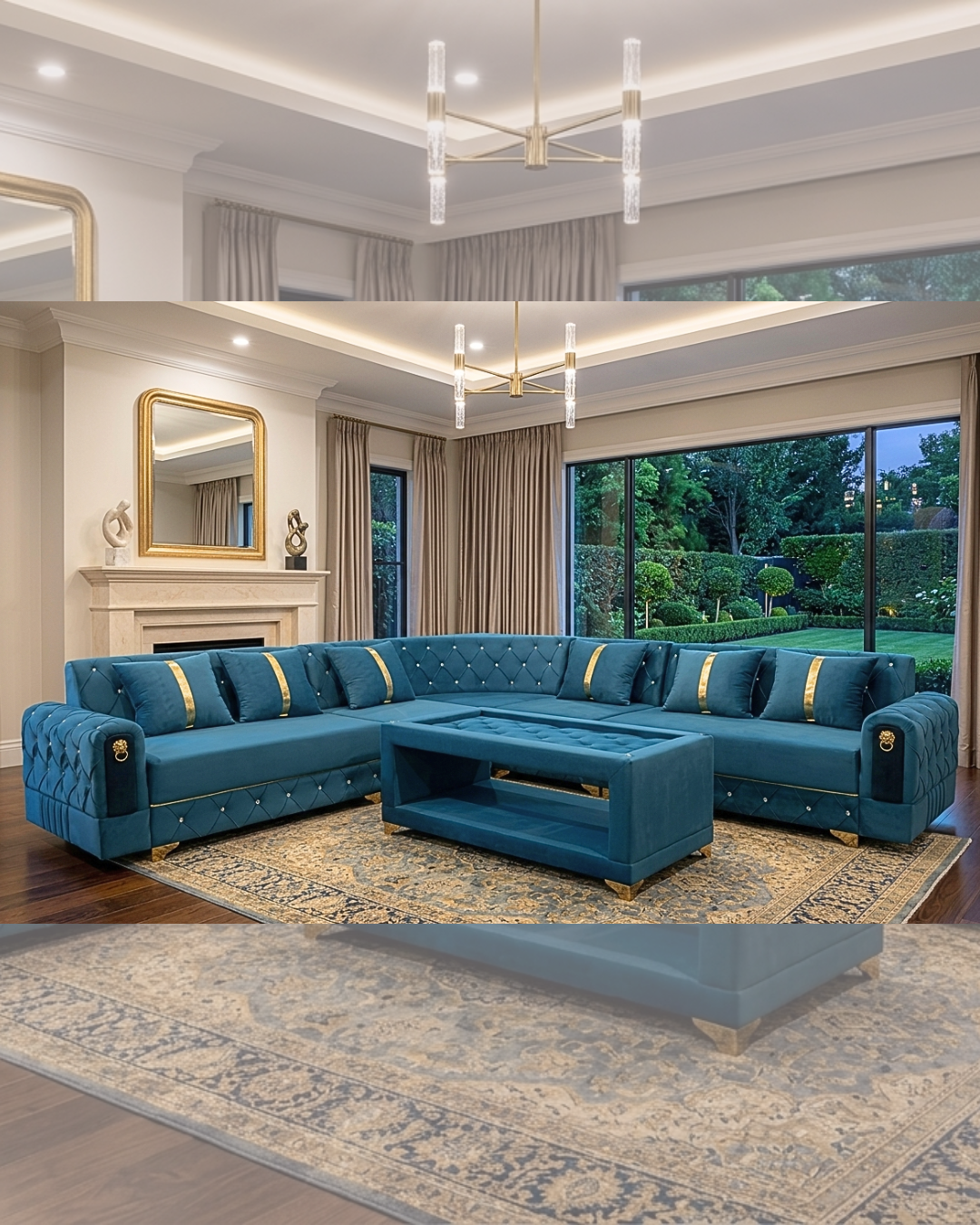 Modern deep blue luxury velvet tufted L-shaped sectional sofa with gold accents in a bright living room