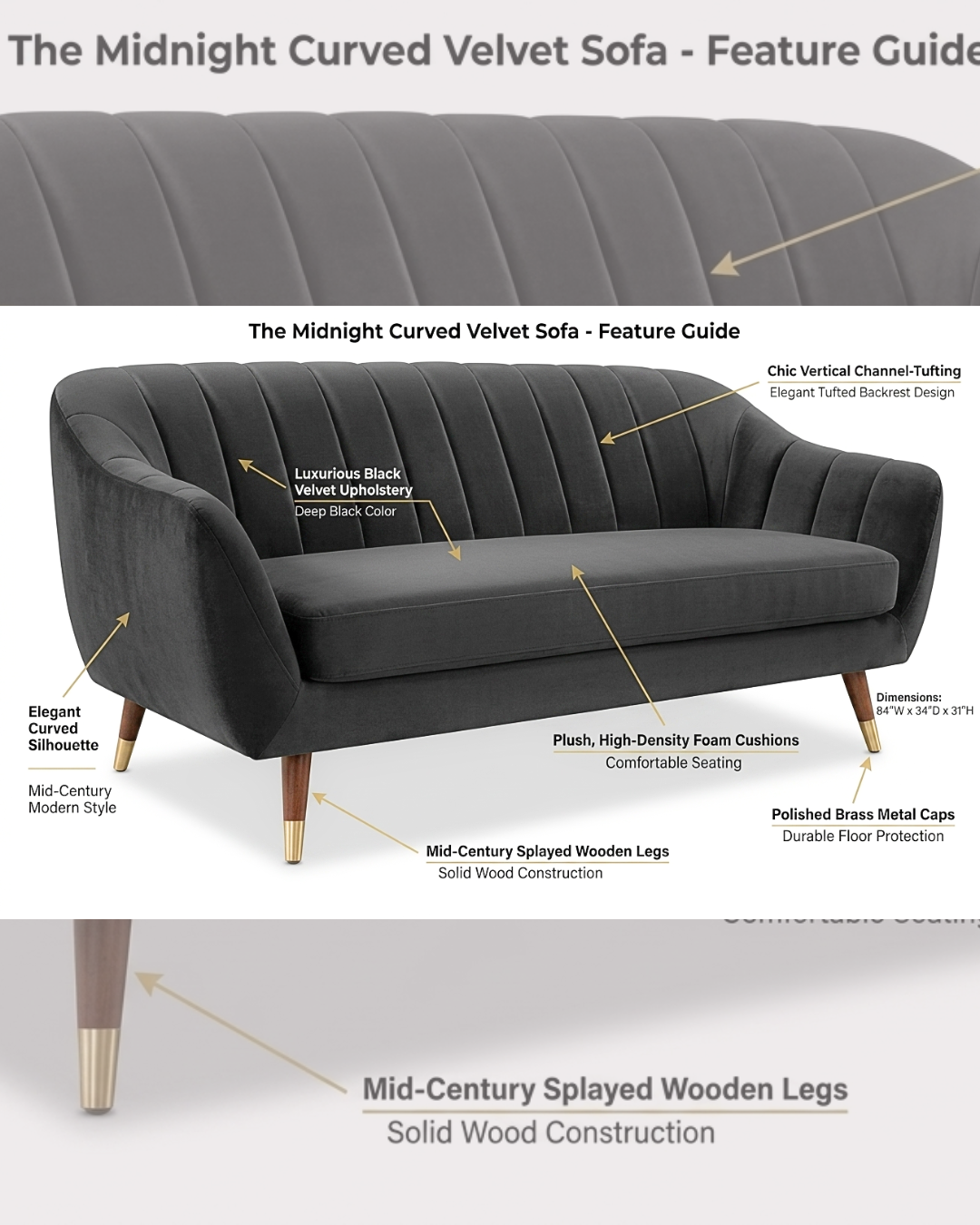 Sleek modern black channel-tufted velvet sofa with tapered legs and gold accents, displayed in a bright, minimalist home interior