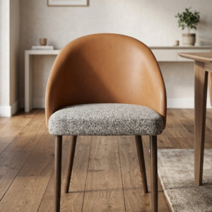 Tan Leather Dining Chair with vertical channel stitching and salt-and-pepper bouclé seat on a plain white background.