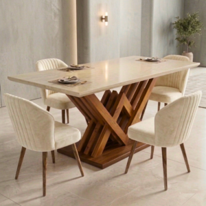 Luxury Beige Velvet Dining Set with a designer wooden base and four chairs for a modern dining room.