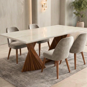 Luxury Marble Dining Set with Metal Chair Frames featuring an artistic wooden base