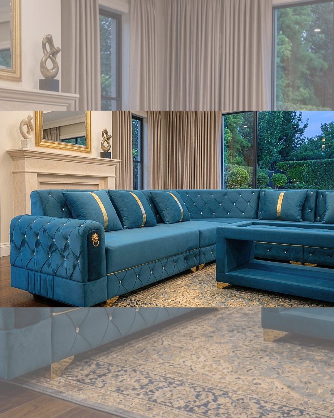 Modern deep blue luxury velvet tufted L-shaped sectional sofa with gold accents in a bright living room