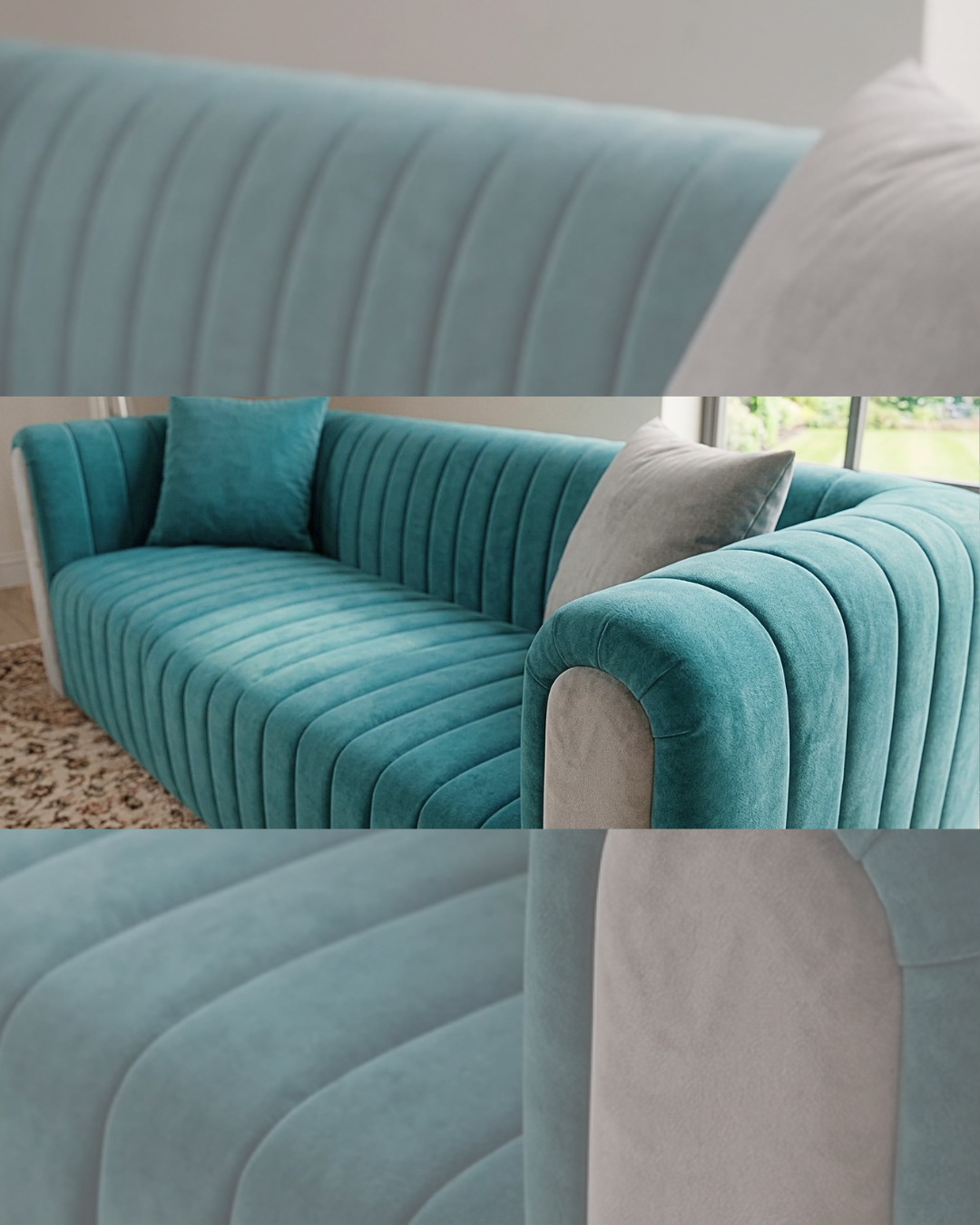 Modern deep teal channel-tufted velvet sofa with light grey contrasting arm panels and matching velvet pillows, resting on a patterned Persian rug,
