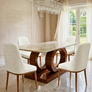Elegant Marble Dining Table Set with four diamond-tufted chairs and metal frames