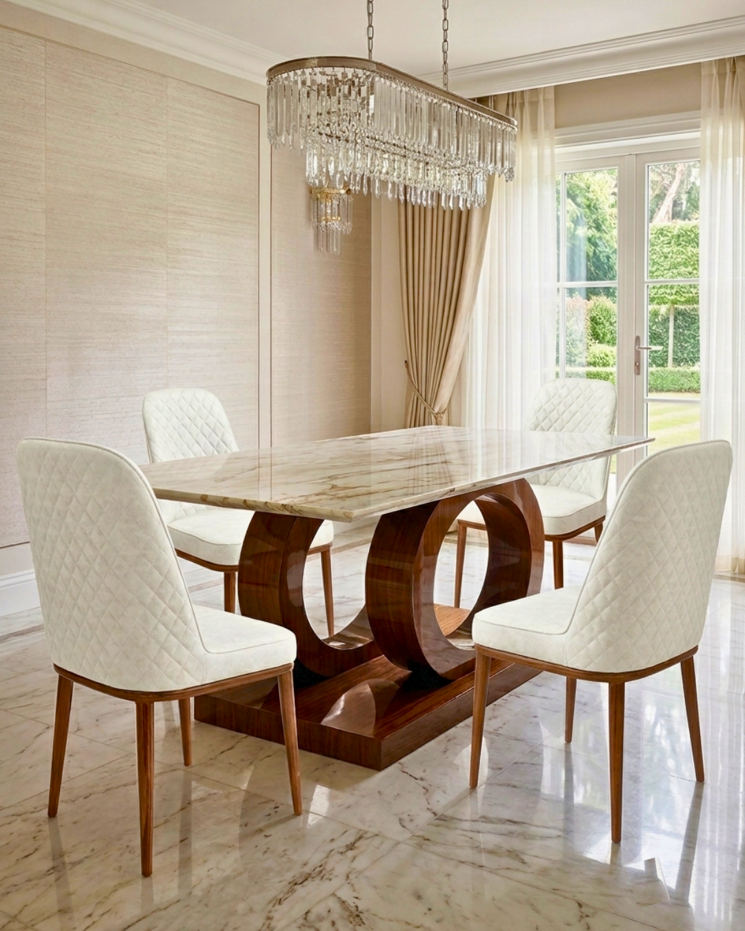 Elegant Marble Dining Table Set with four diamond-tufted chairs and metal frames