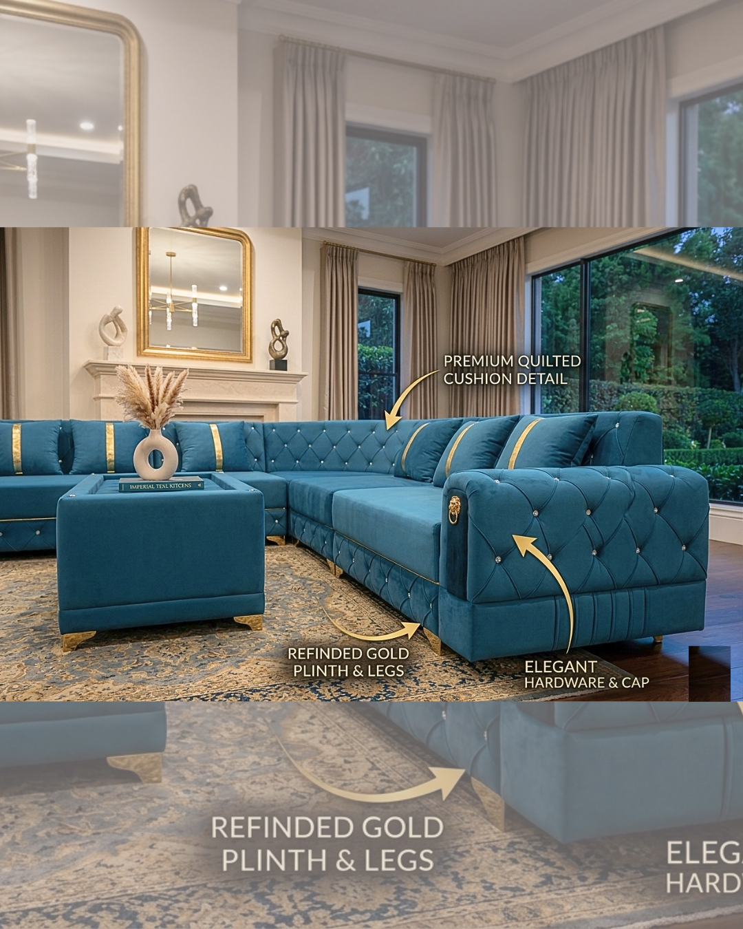 Modern deep blue luxury velvet tufted L-shaped sectional sofa with gold accents in a bright living room