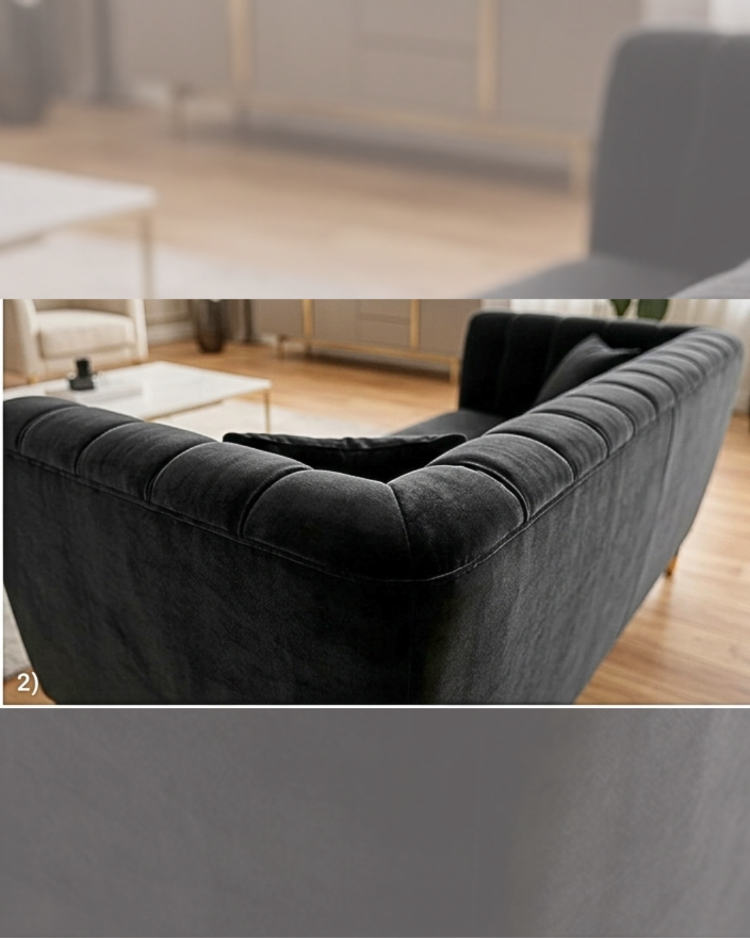 Sleek modern black channel-tufted velvet sofa with tapered legs and gold accents, displayed in a bright, minimalist home interior