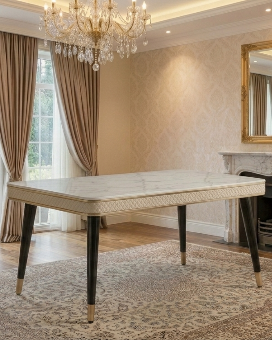 Modern Metal Dining Set table with white marble top and gold trim legs