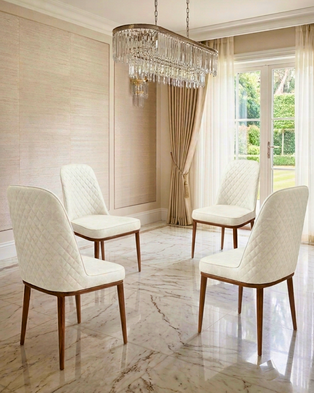 Close-up of luxurious diamond-tufted chairs with durable metal frames for a dining set