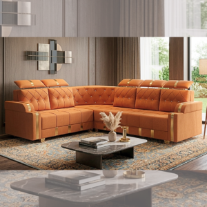 Modern Orange Tufted L-Shaped Sofa with gold accents and a marble-finish table in a luxurious living room setting