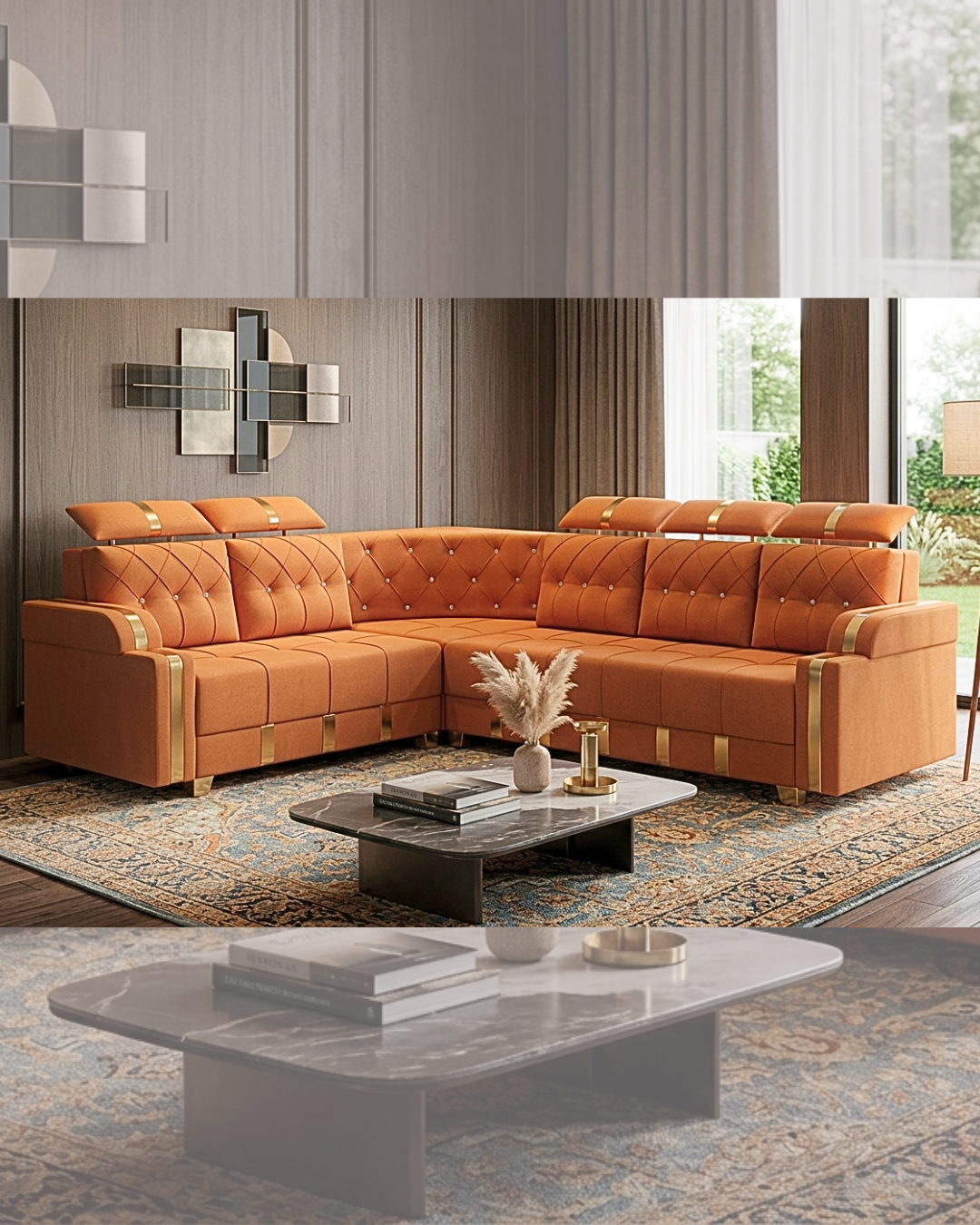 Modern Orange Tufted L-Shaped Sofa with gold accents and a marble-finish table in a luxurious living room setting