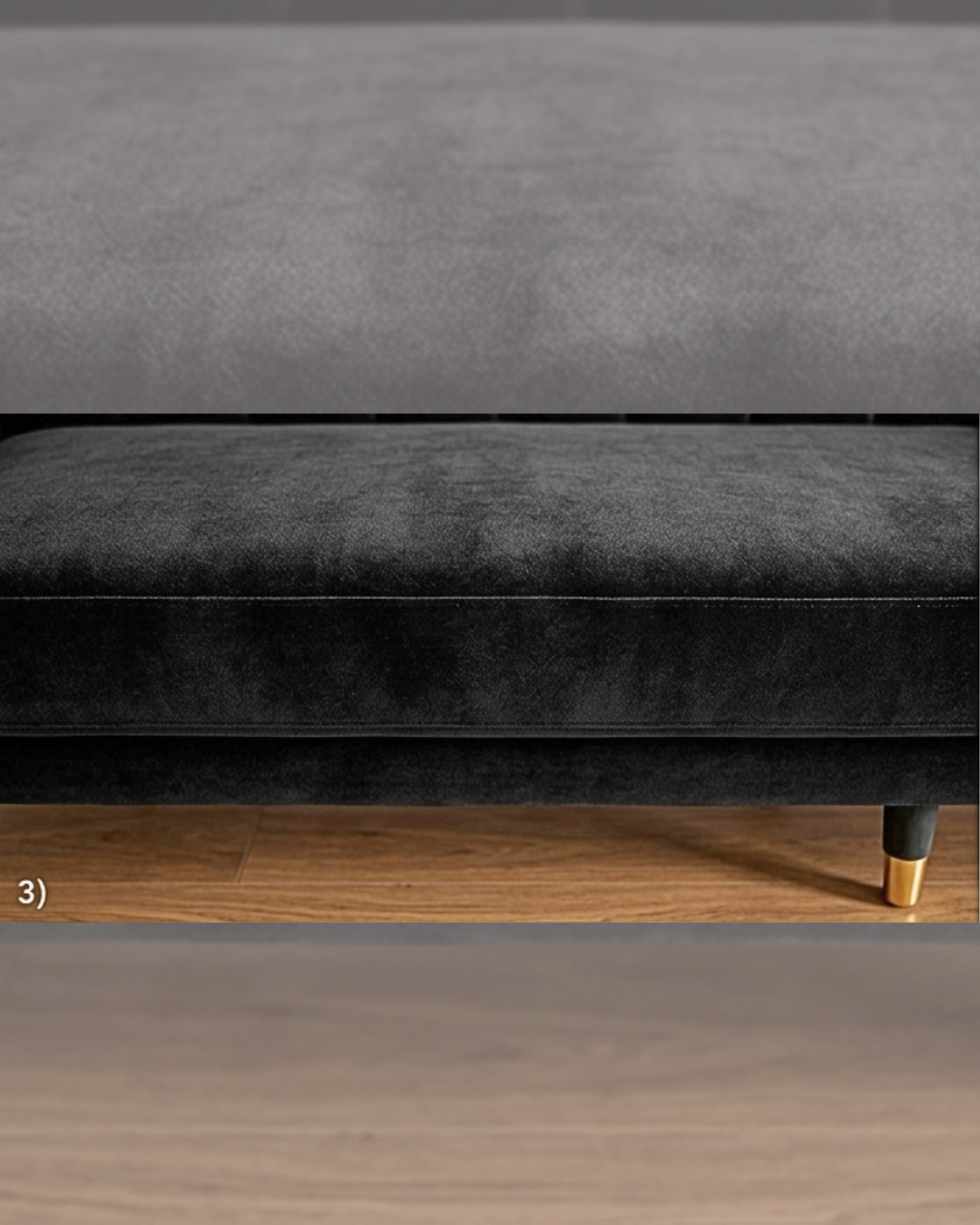 Sleek modern black channel-tufted velvet sofa with tapered legs and gold accents, displayed in a bright, minimalist home interior