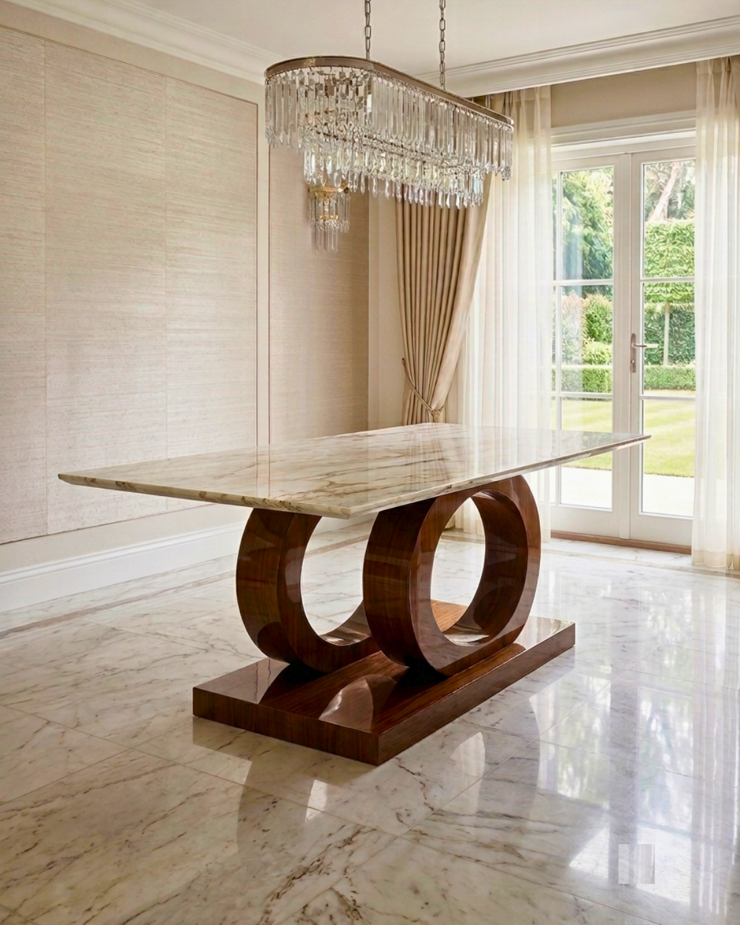 Modern dining room featuring an Elegant Marble Dining Table Set with circular wooden base