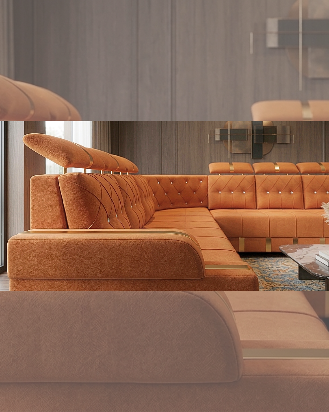 Modern Orange Tufted L-Shaped Sofa with gold accents and a marble-finish table in a luxurious living room setting