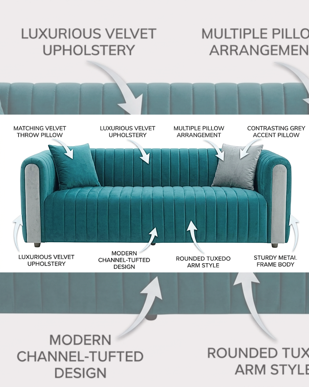 Modern deep teal channel-tufted velvet sofa with light grey contrasting arm panels and matching velvet pillows, resting on a patterned Persian rug,