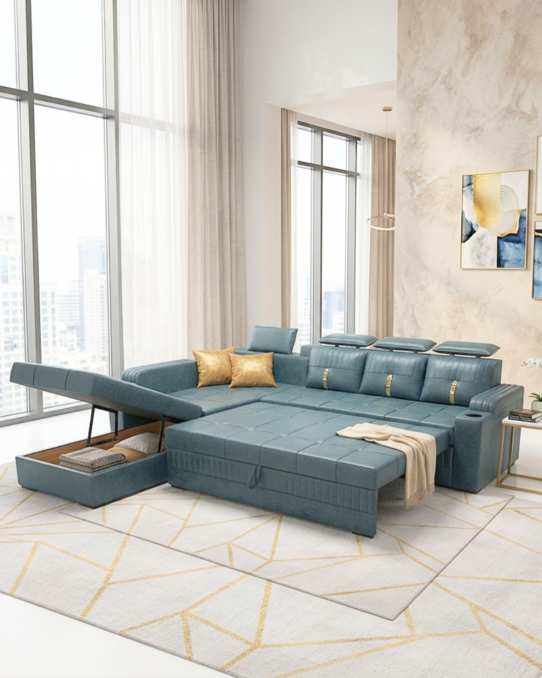 Modern Sofa Cum Bed in blue leather finish with integrated storage compartment and pull-out sleeper function, shown in a bright living room.