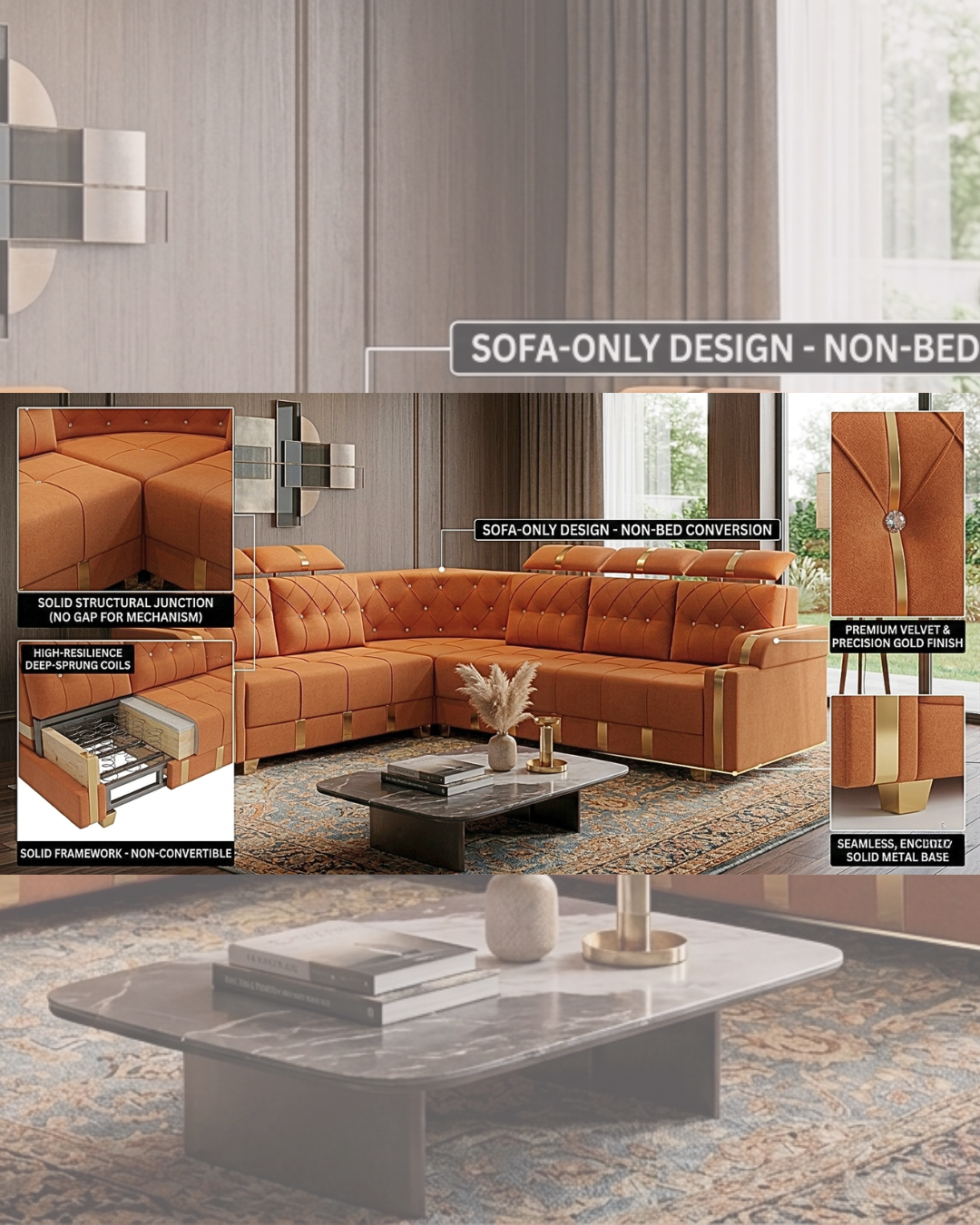 Modern Orange Tufted L-Shaped Sofa with gold accents and a marble-finish table in a luxurious living room setting