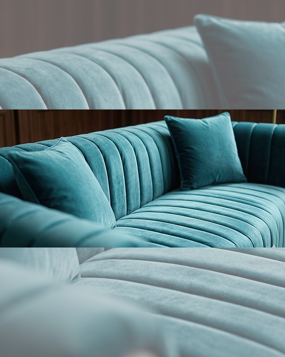 Modern deep teal channel-tufted velvet sofa with light grey contrasting arm panels and matching velvet pillows, resting on a patterned Persian rug,
