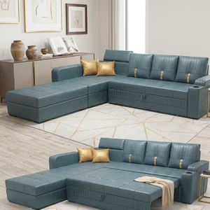Modern Sofa Cum Bed in blue leather finish with integrated storage compartment and pull-out sleeper function, shown in a bright living room.