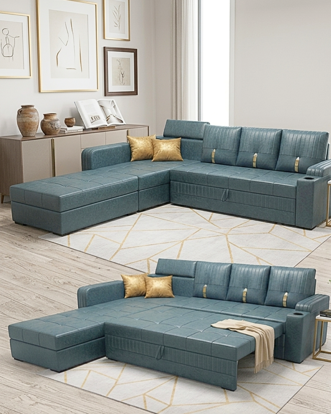 Modern Sofa Cum Bed in blue leather finish with integrated storage compartment and pull-out sleeper function, shown in a bright living room.