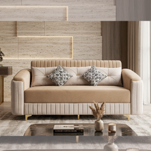 Modern Beige Sofa with vertical channel tufting and patterned cushions
