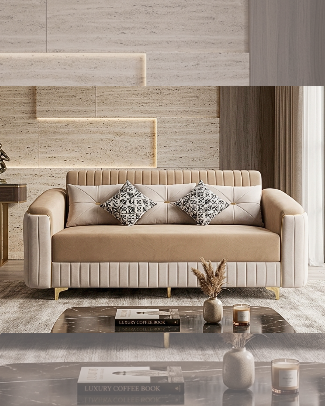 Modern Beige Sofa with vertical channel tufting and patterned cushions