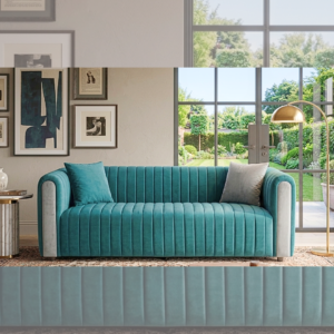 Modern deep teal channel-tufted velvet sofa with light grey contrasting arm panels and matching velvet pillows, resting on a patterned Persian rug,