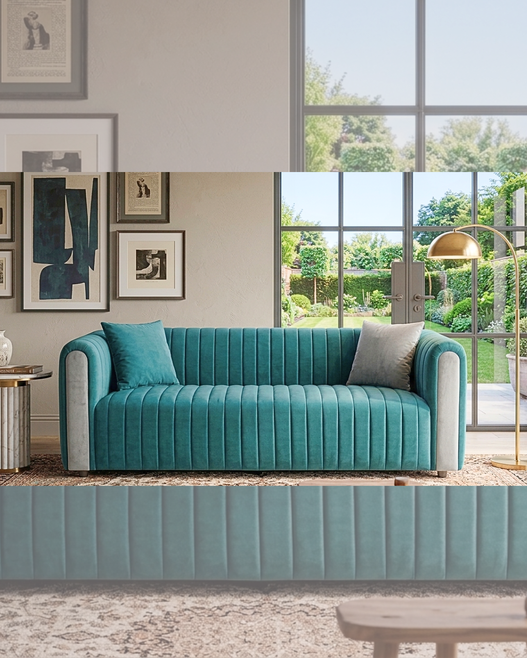 Modern deep teal channel-tufted velvet sofa with light grey contrasting arm panels and matching velvet pillows, resting on a patterned Persian rug,