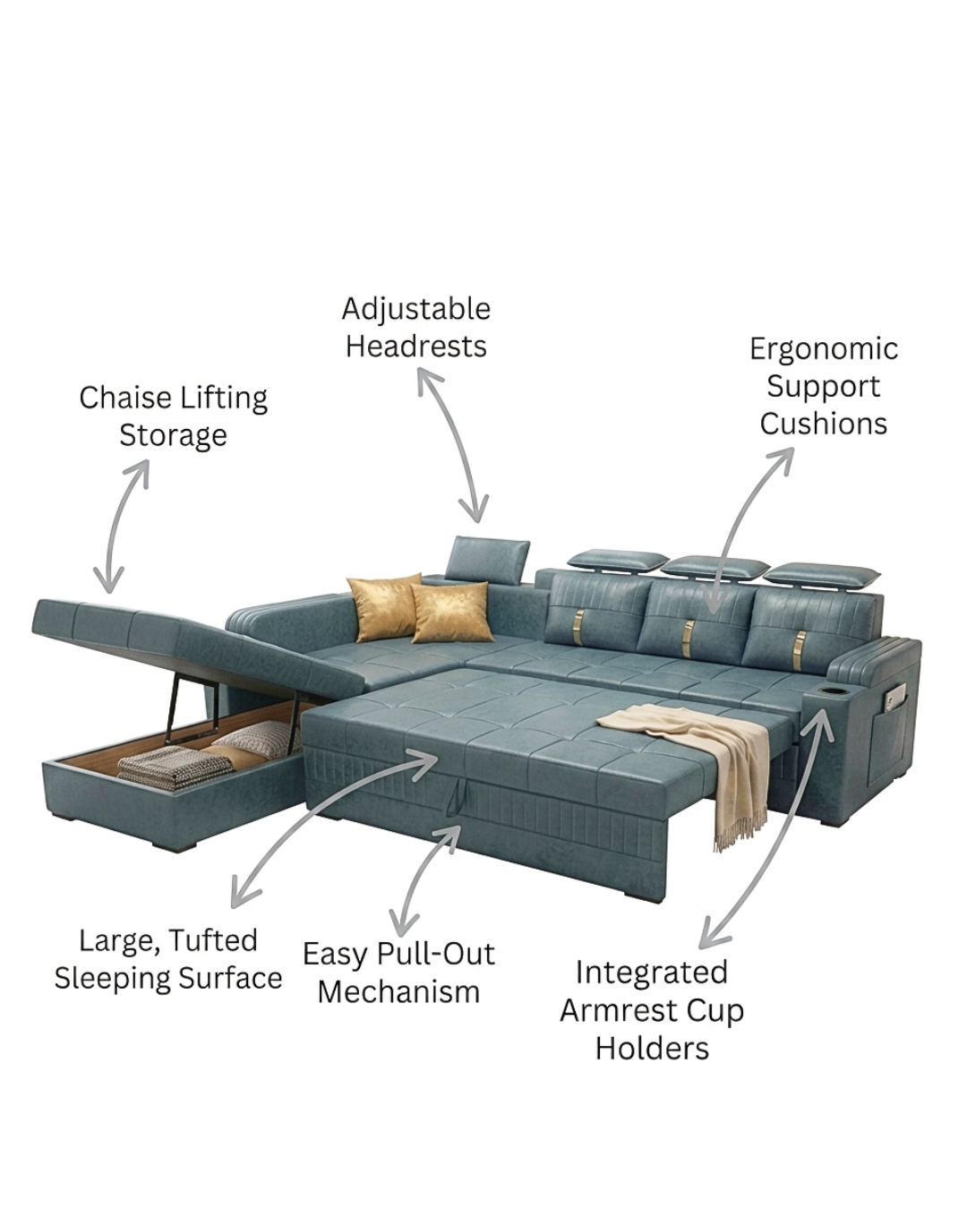 Modern Sofa Cum Bed in blue leather finish with integrated storage compartment and pull-out sleeper function, shown in a bright living room.