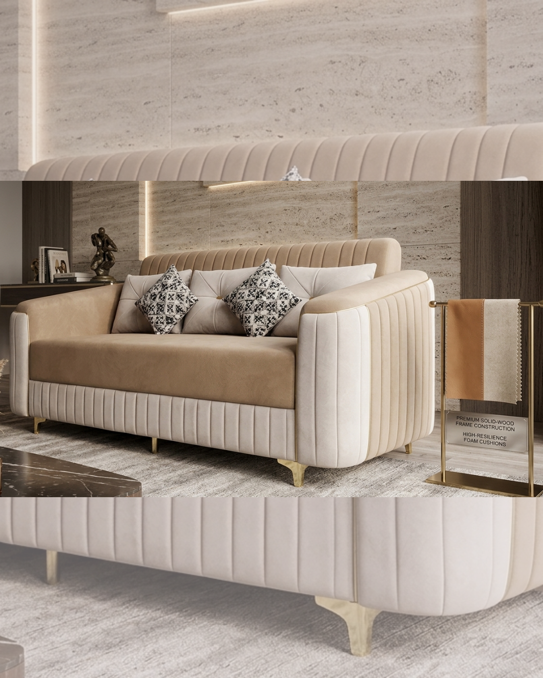 Modern Beige Sofa with vertical channel tufting and patterned cushions