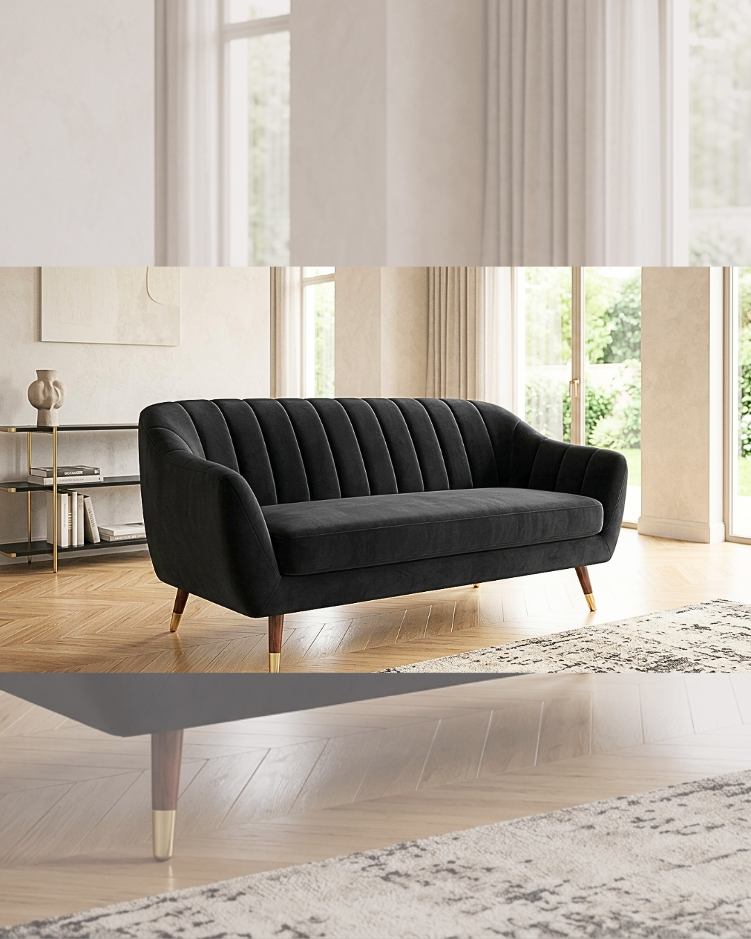 Sleek modern black channel-tufted velvet sofa with tapered legs and gold accents, displayed in a bright, minimalist home interior