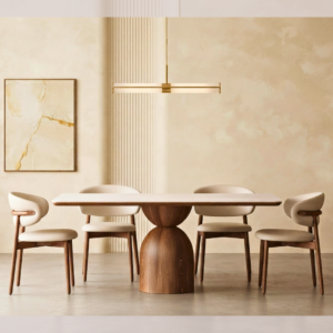 Modern Minimalist Dining Table Set with walnut pedestal base and four chairs in a contemporary dining room.