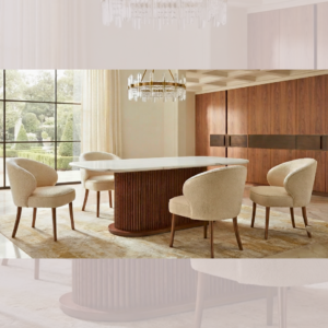 Modern dining room setup with a luxury marble dining table and cream upholstered chairs.