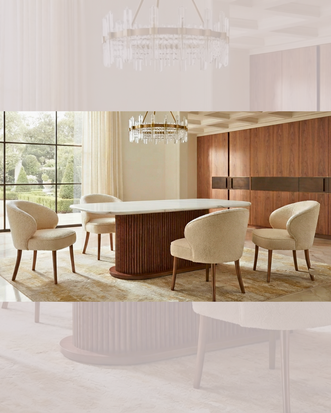 Modern dining room setup with a luxury marble dining table and cream upholstered chairs.