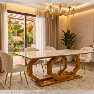 Luxury Marble Dining Table Set with Pale Pink Velvet Chairs in a modern dining room.