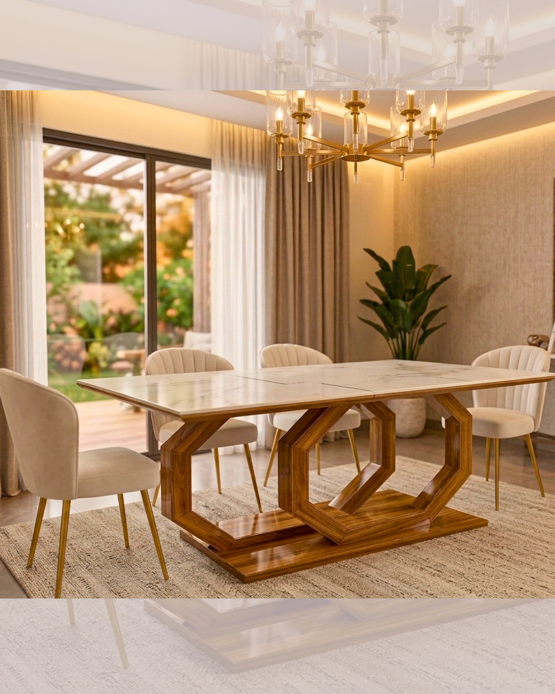 Luxury Marble Dining Table Set with Pale Pink Velvet Chairs in a modern dining room.