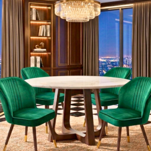 Luxury 4 Seater Marble Top Dining Table Set with green velvet chairs