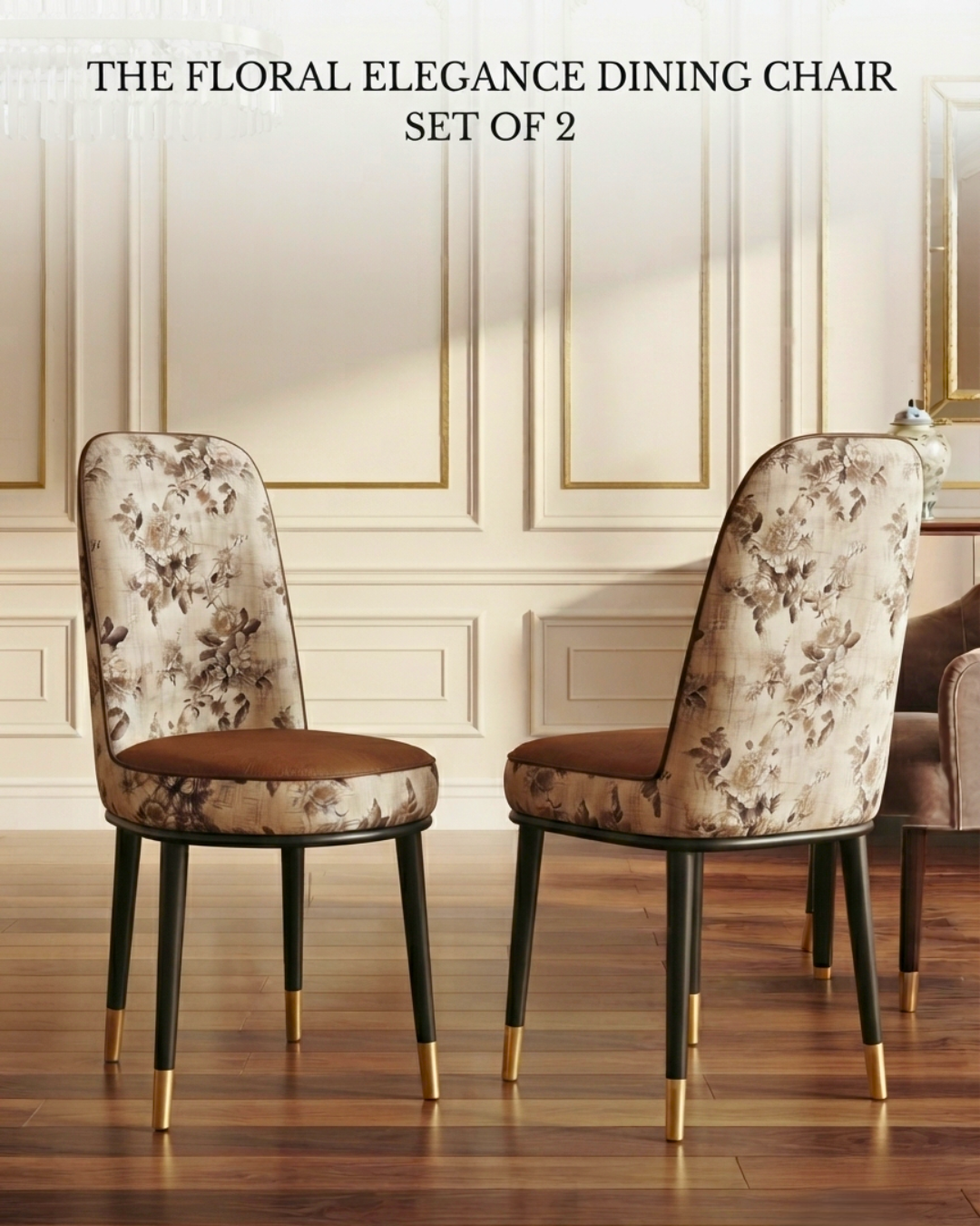 "Transform your home with The Floral Elegance Dining Chair Set of 2. Featuring premium jacquard fabric, plush faux leather, and matte black legs. Shop luxury today!"