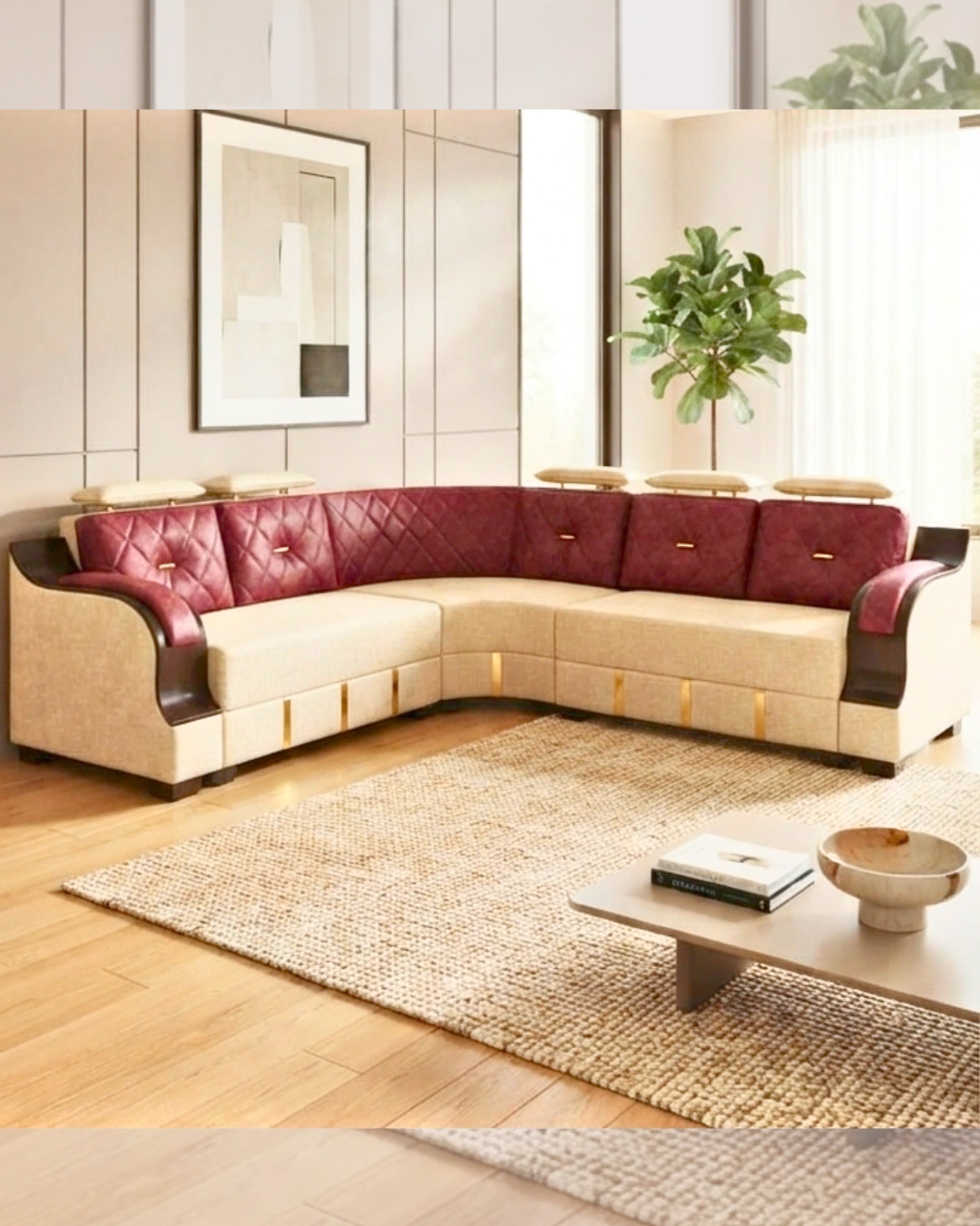 Luxury Modular L-Shape Sofa Set with gold accents and adjustable headrests