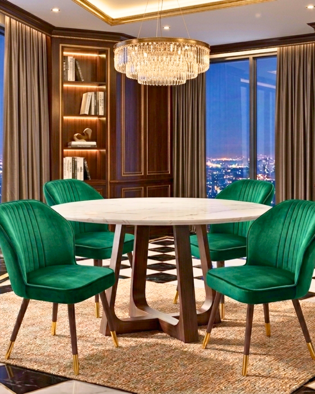 Luxury 4 Seater Marble Top Dining Table Set with green velvet chairs