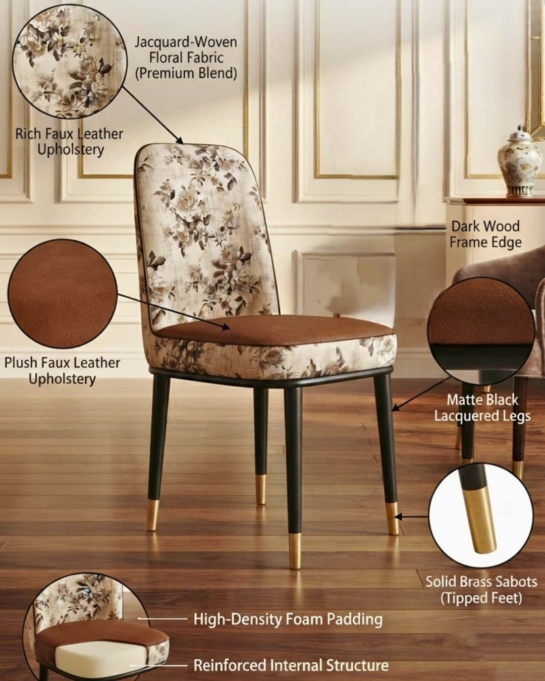 "Transform your home with The Floral Elegance Dining Chair Set of 2. Featuring premium jacquard fabric, plush faux leather, and matte black legs. Shop luxury today!"