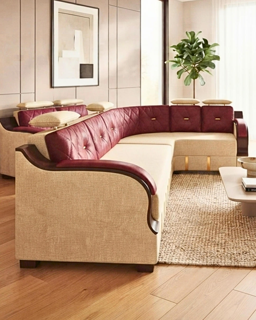 Luxury Modular L-Shape Sofa Set with gold accents and adjustable headrests