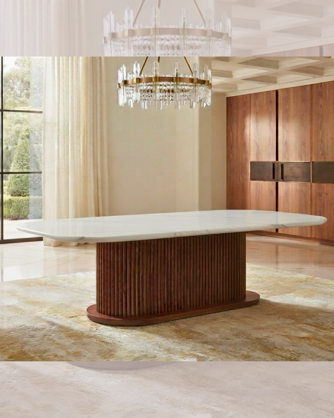 Luxury marble dining table with fluted wood base in a modern dining room.