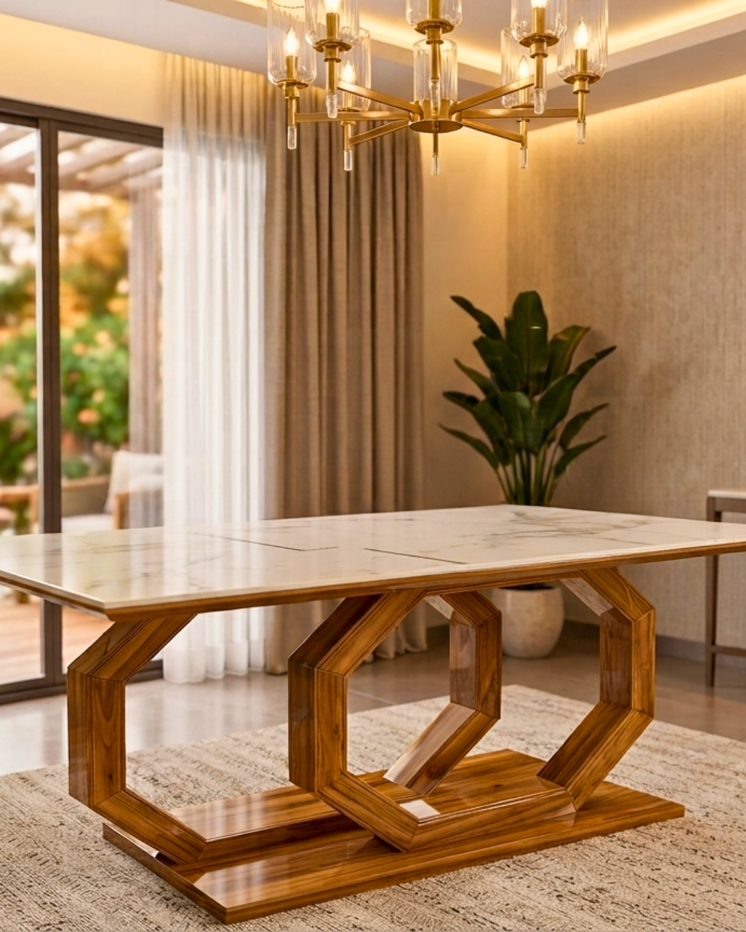 Luxury Marble Dining Table Set with Pale Pink Velvet Chairs in a modern dining room.