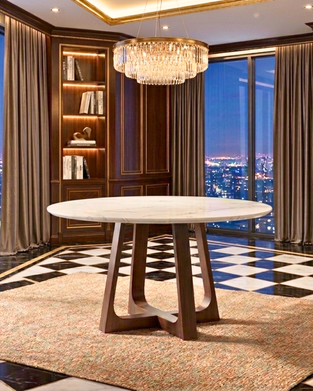 Round white marble dining table top with wooden base