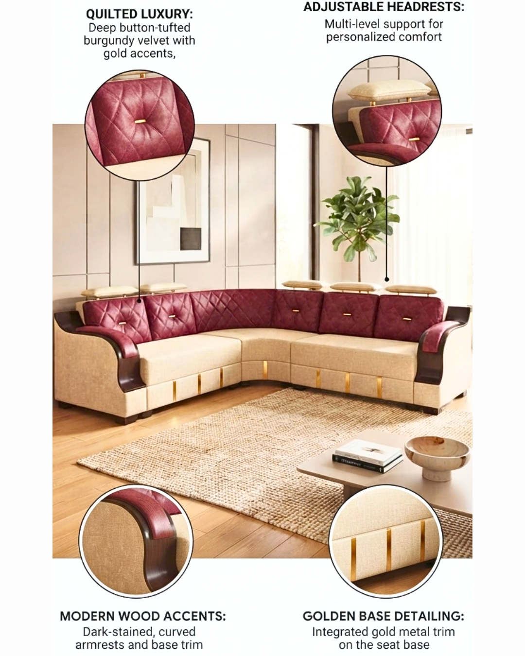 Luxury Modular L-Shape Sofa Set with gold accents and adjustable headrests