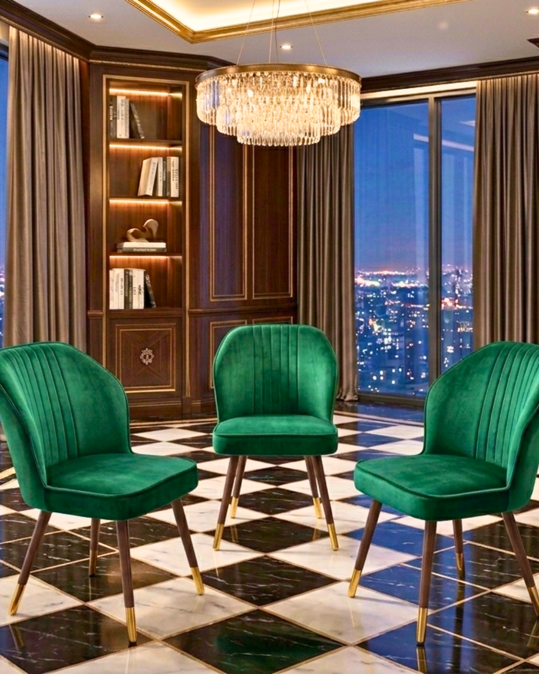 Elegant emerald green velvet dining chairs with gold accents
