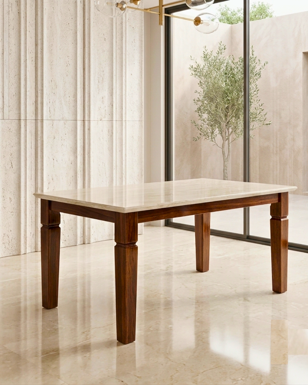 Close up of the marble top and wooden base of our 4 Seater Wooden Dining Table